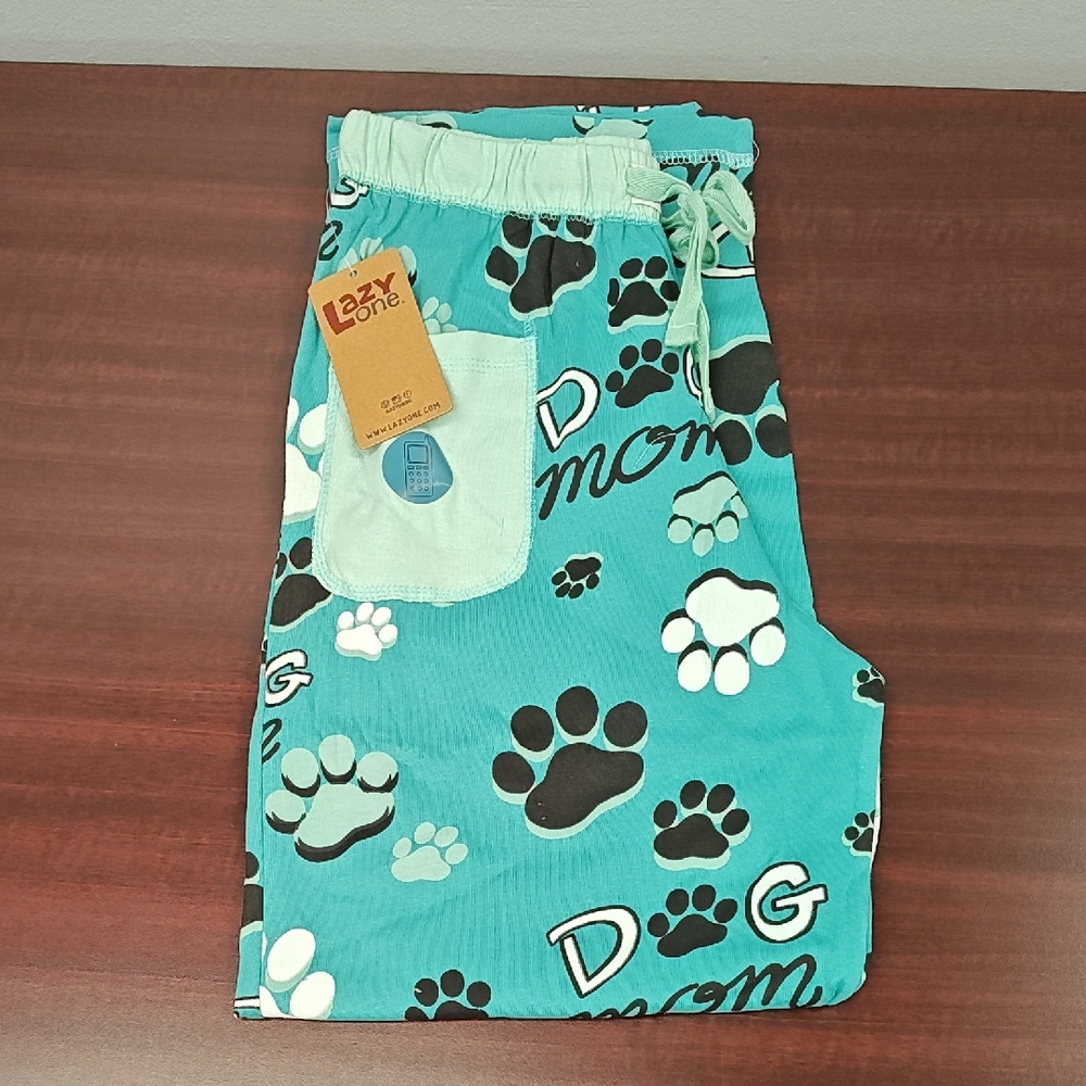Lazy One "DOG MOM" Dusty Turquoise Blue Cotton Pajama Pants with Pocket - XS